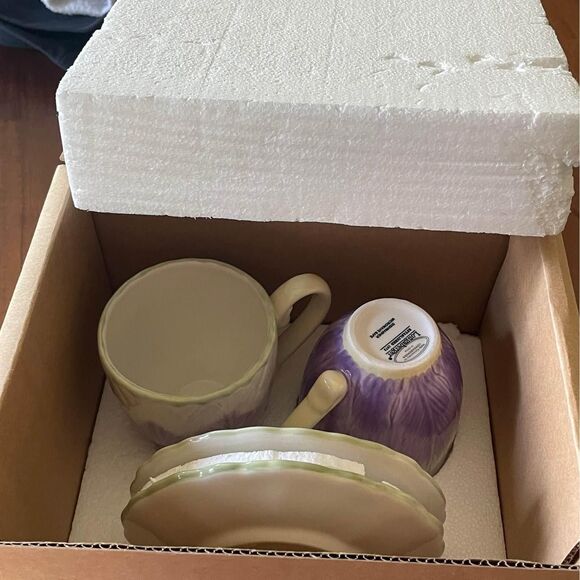 Longaberger Pottery Teacups And Saucers (2) Purple Crocus Flowers - Picture 4 of 10